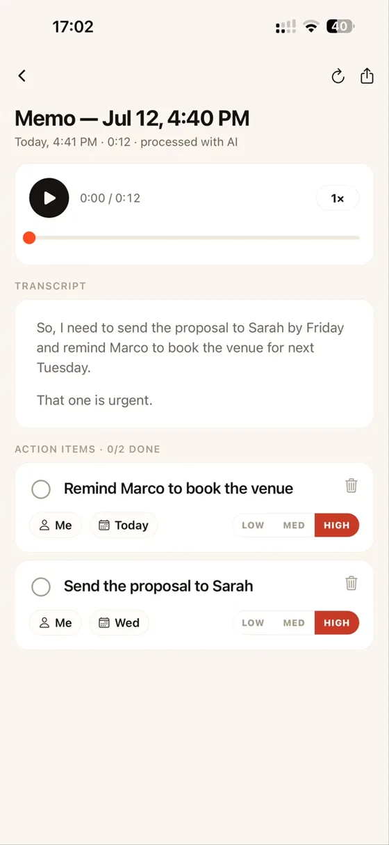 A VoiceDo memo with its transcript and action items