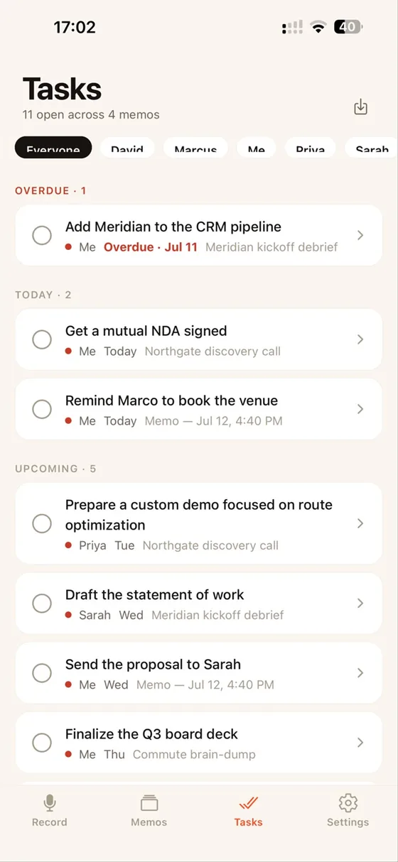 Action items VoiceDo extracted across several memos